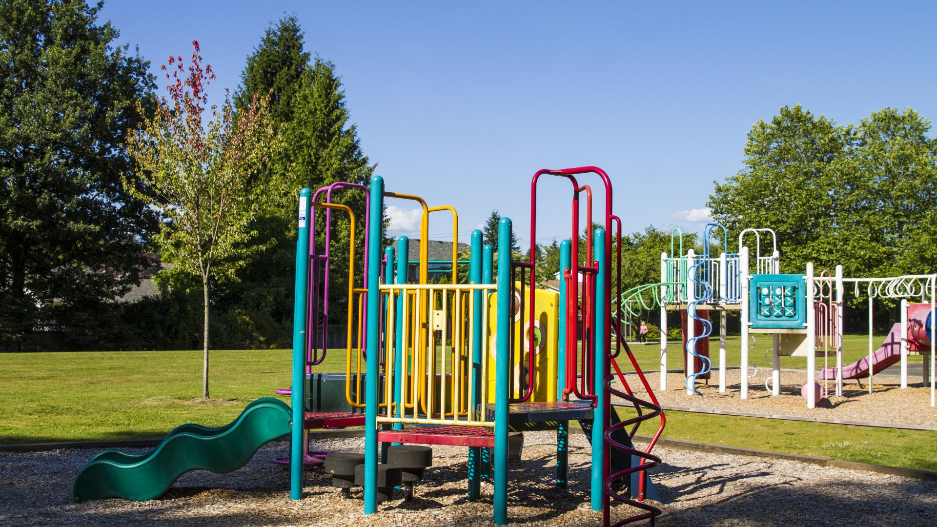 Two colourful playground on separate mulch beds. Surrounding them is an open grass field and a single small tree.